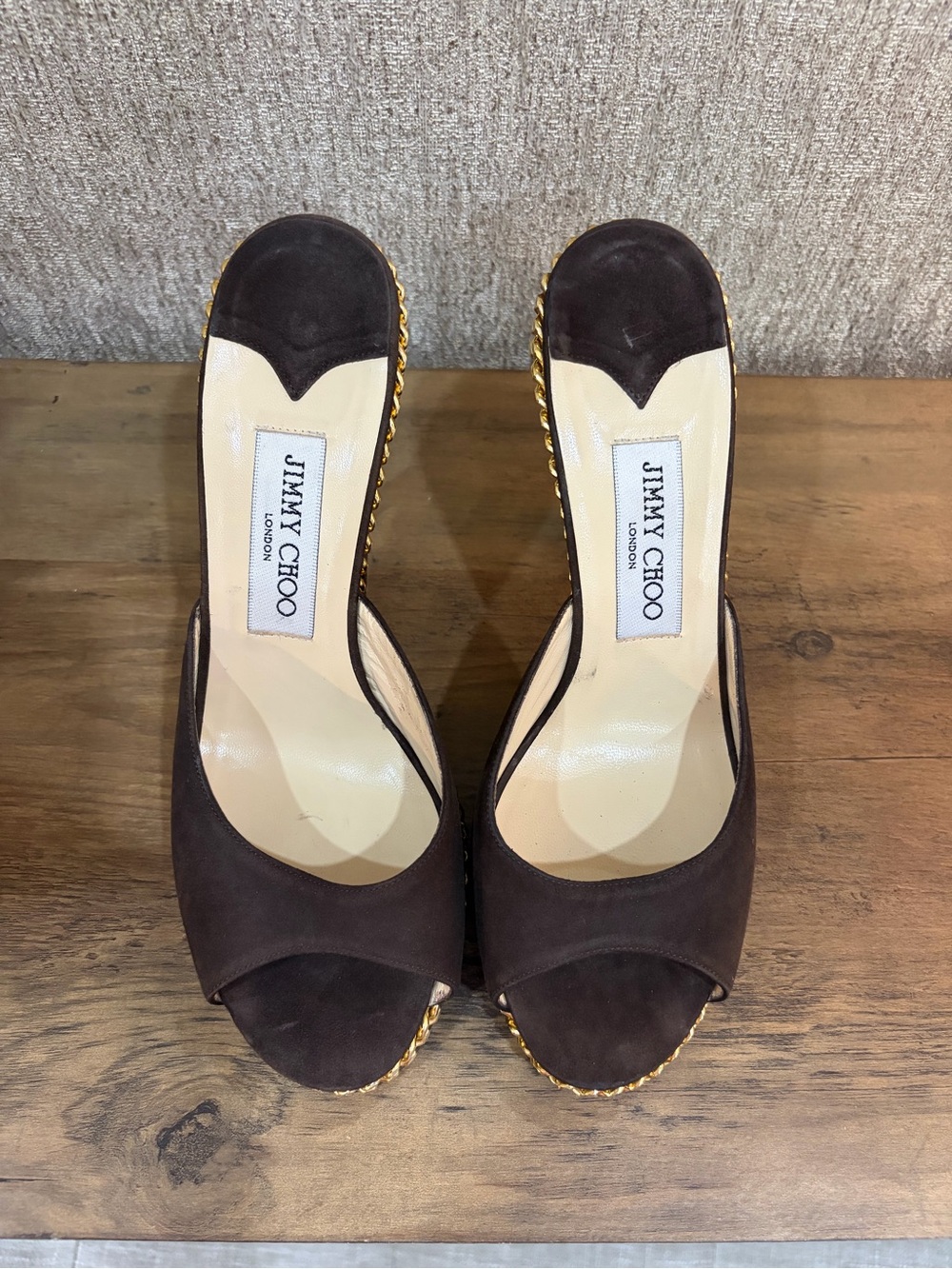 Jimmy Choo Beautiful Dark Brown Suede Open-Toe Mules with Gold Chain Trim
